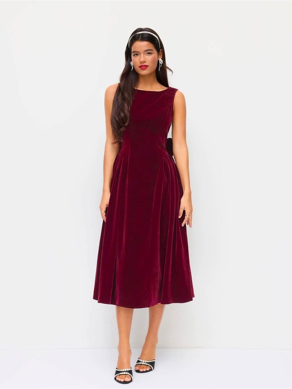 Cider VELVET BOAT NECK BOWKNOT BACKLESS MIDI DRESS medium nwt